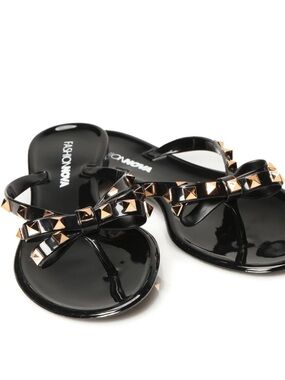 Fashion Nova Black Jelly Bow Sandals with Gold Studs